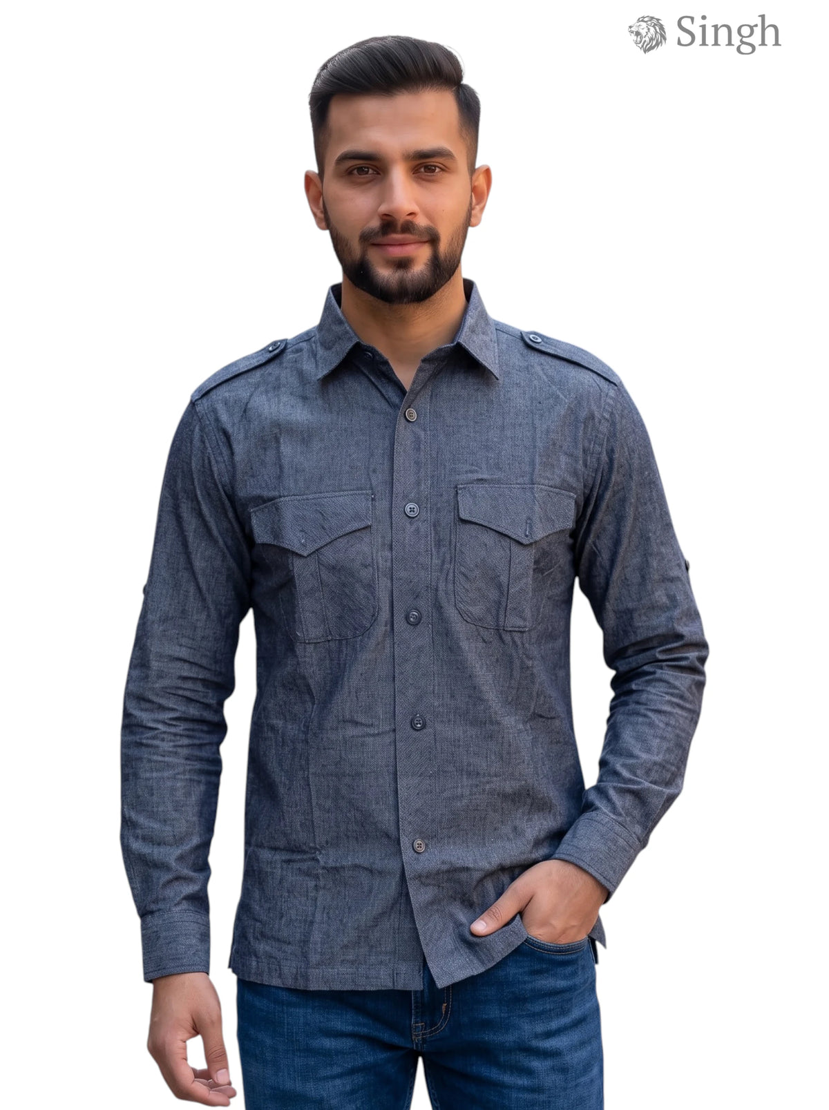 Hunting Shirts-1310-102 in grey fabric with button front and shoulder epaulets