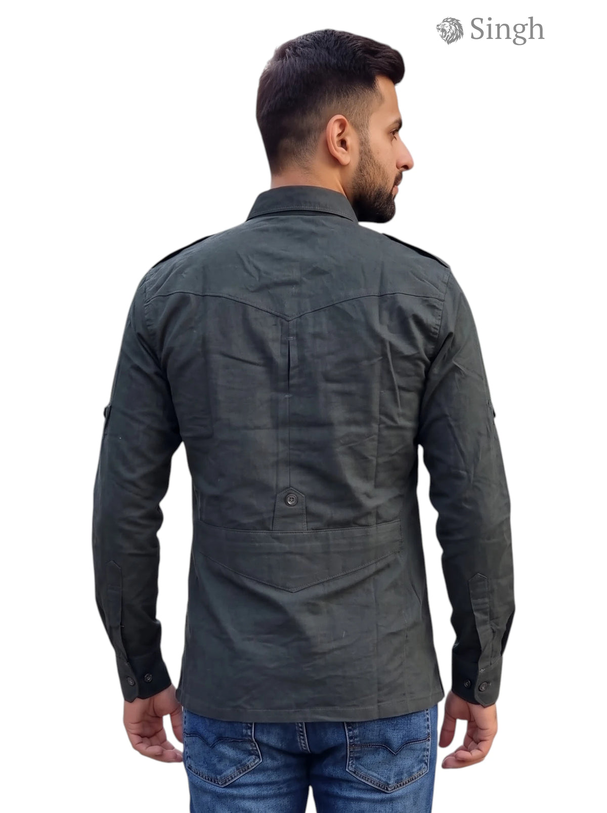 M Hunting Shirts in olive green fabric, back view showcasing stylish design, HUNTING SHIRTS-1310-103