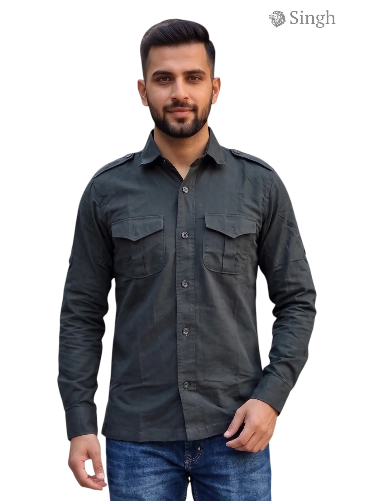 M Hunting Shirts in Dark Green Cotton Fabric with Front Pockets and Button Closure