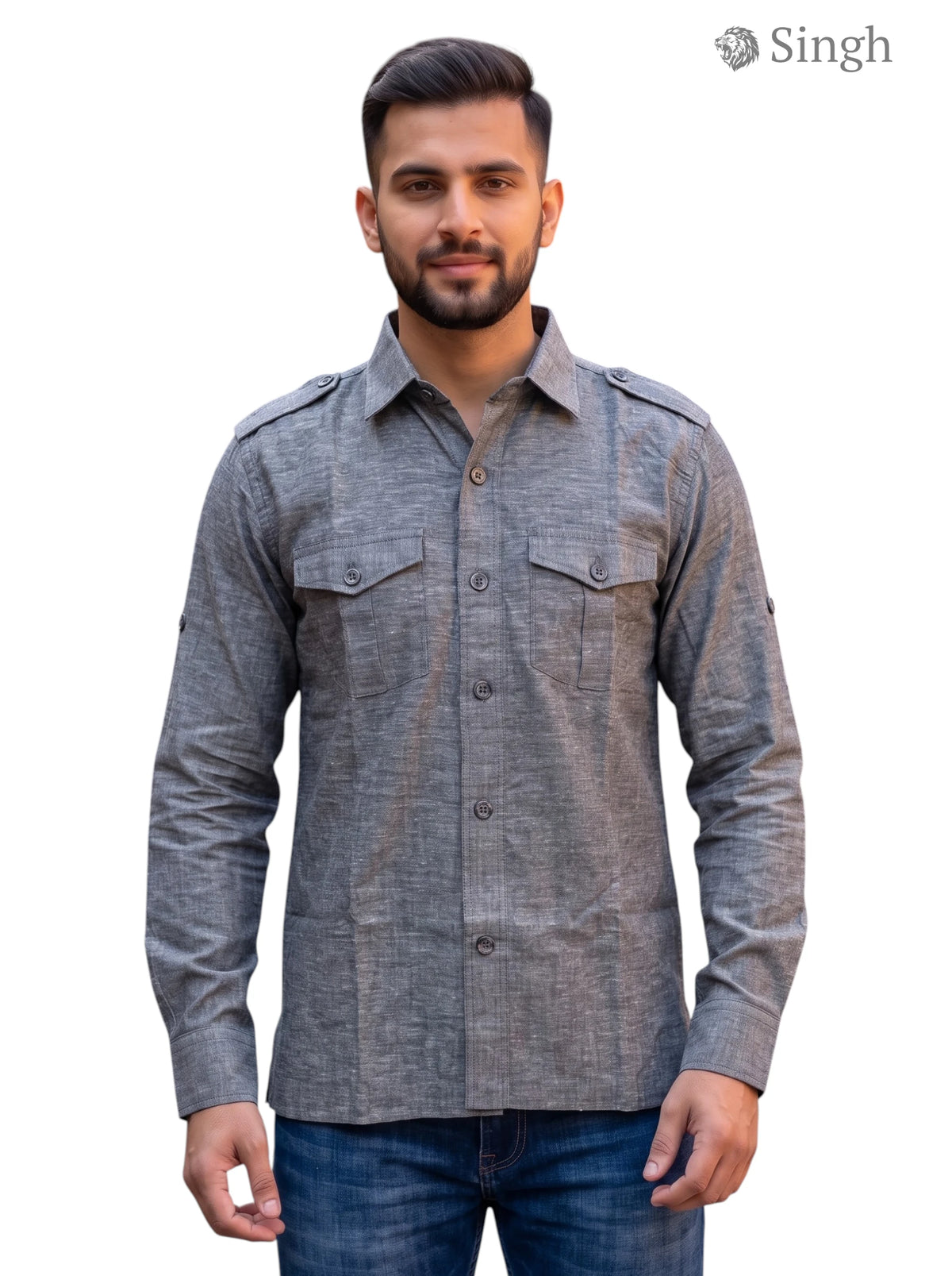 M Gray Cotton Hunting Shirt-1310-105 with Button Closure and Military Style Pockets
