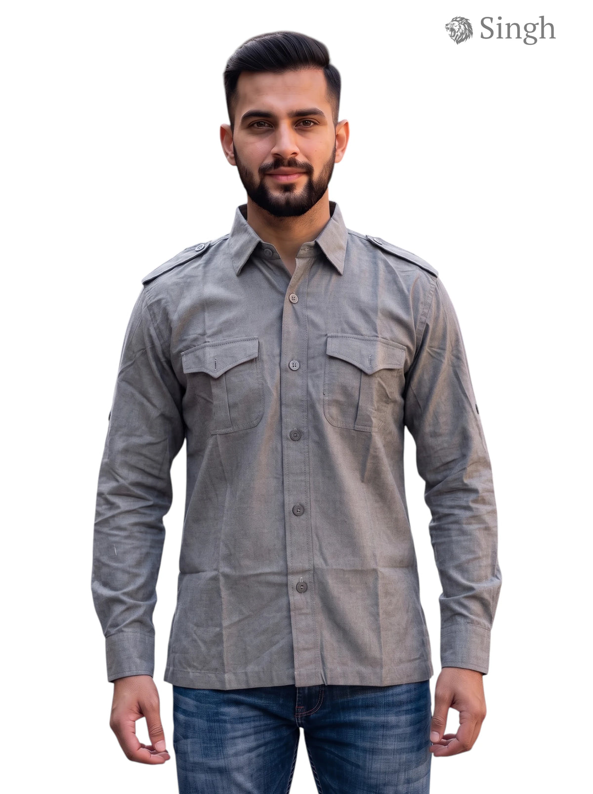 M Hunting Shirts in gray cotton from SINGH, featuring a front button closure and two chest pockets