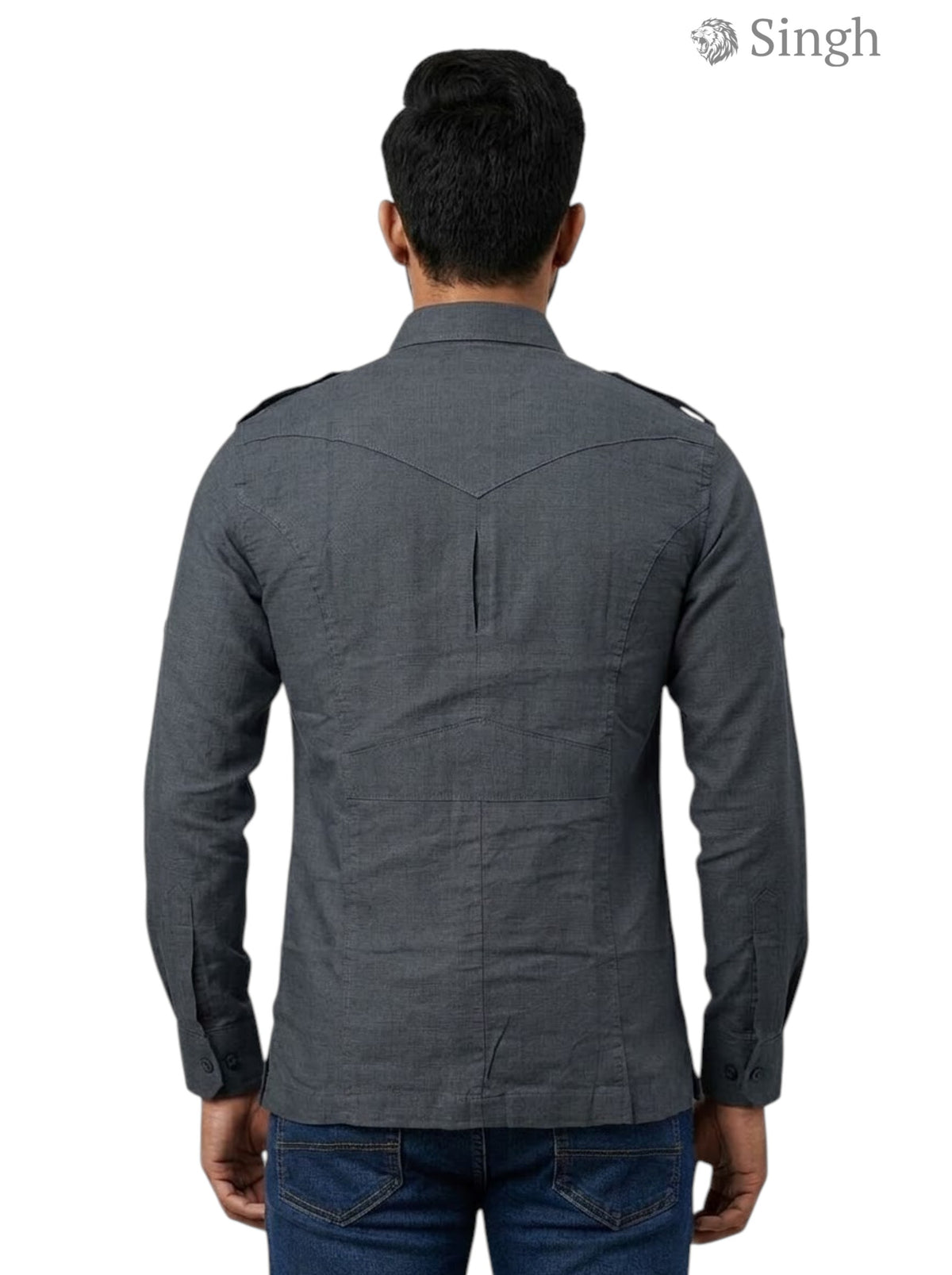M Gray Cotton Hunting Shirt from SINGH, Back View - HUNTING SHIRTS-1310-11