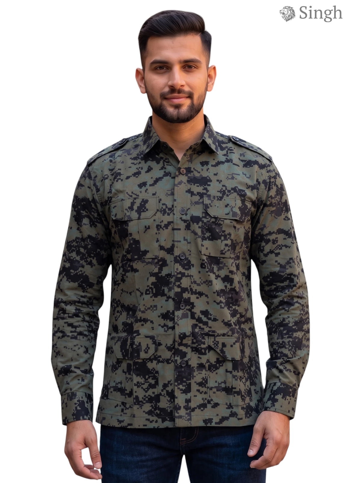 M Olive Green Camouflage Hunting Shirts-1310-114 in a front view with pockets