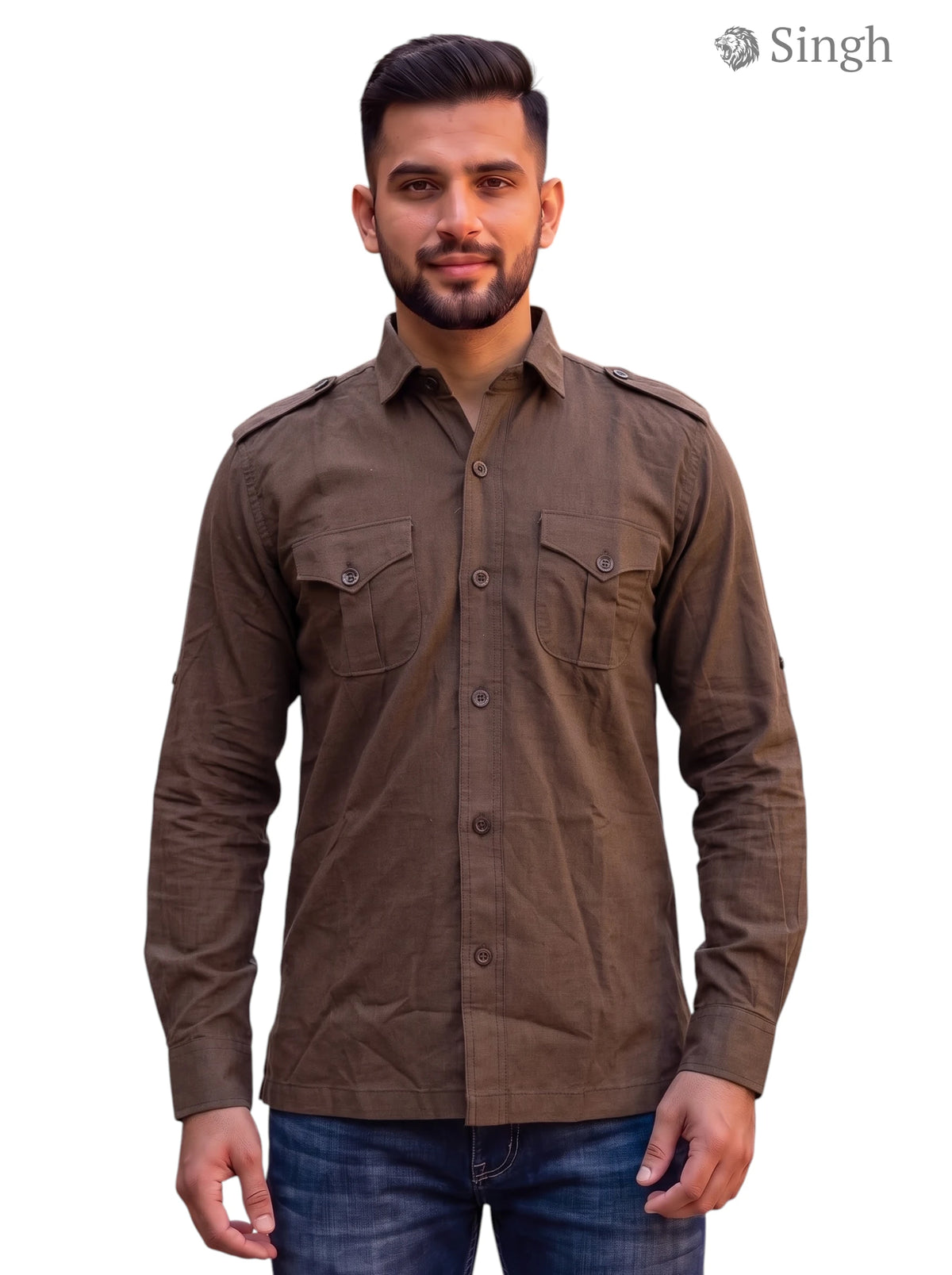 M Hunting Shirt in Olive Green Fabric, Front View - HUNTING SHIRTS-1310-116