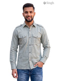 M Hunting Shirts in olive green fabric with a front view featuring pockets and button details
