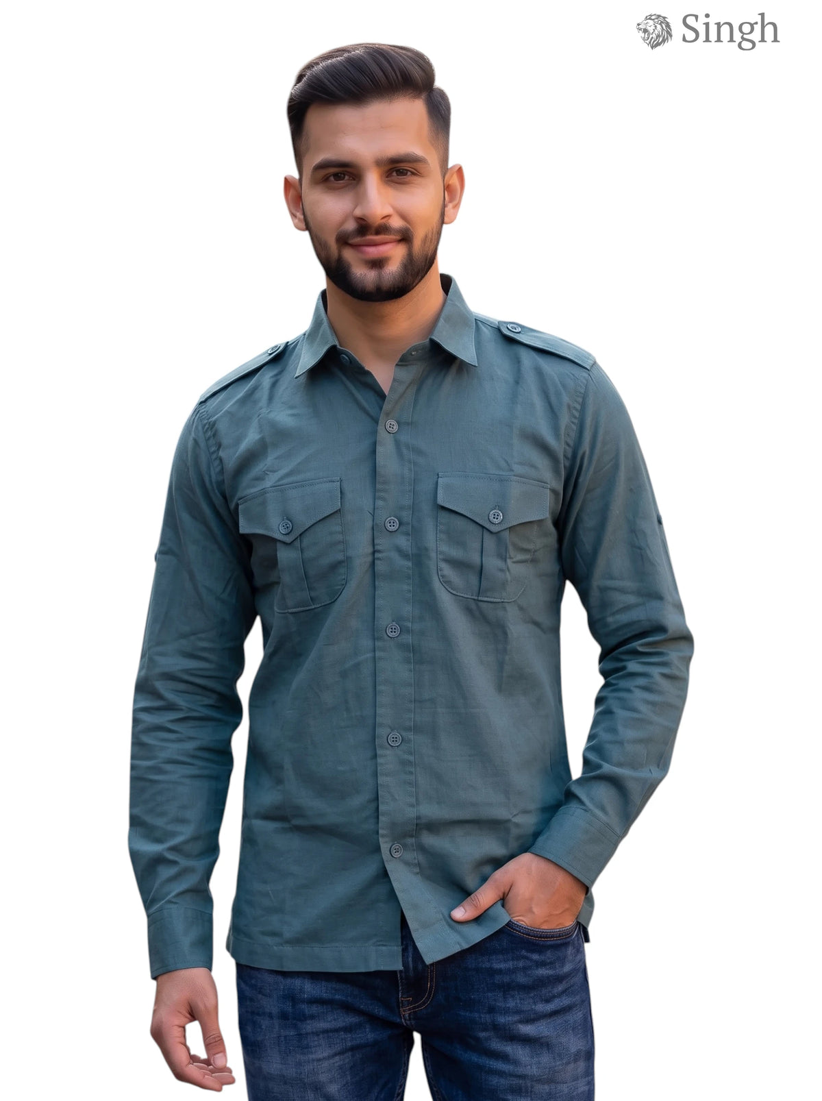 M Hunting Shirt in green fabric with a straight angle featuring button pockets, HUNTING SHIRTS-1310-122