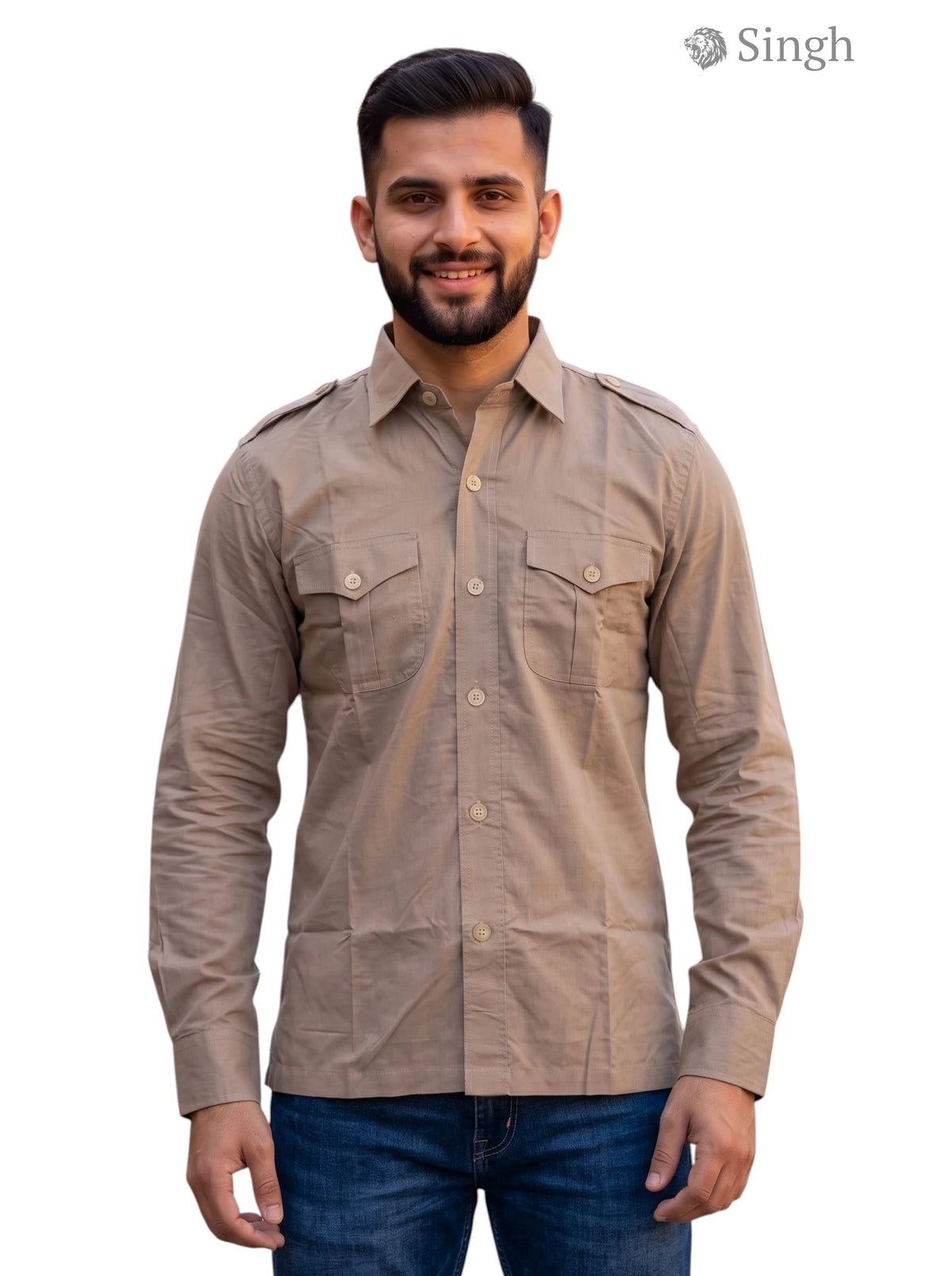 Tan SINGH Hunting Shirts-1310-123 in lightweight fabric, front view with chest pockets
