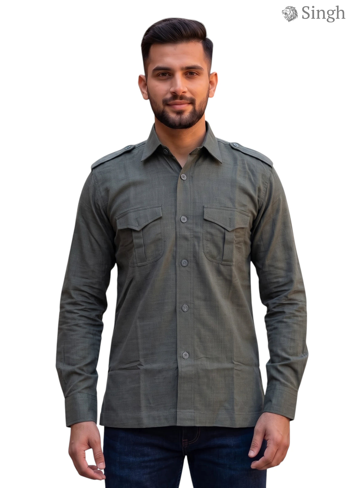 M Hunting Shirt in olive green fabric, front view, features pockets. HUNTING SHIRTS-1310-125