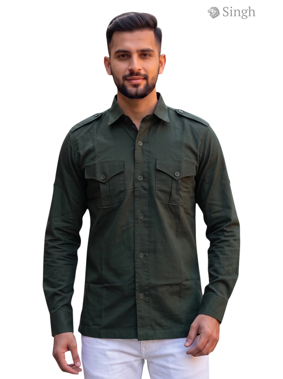 M Hunting Shirts in Olive Green Cotton, Front View with Button-Up Design, HUNTING SHIRTS-1310-128