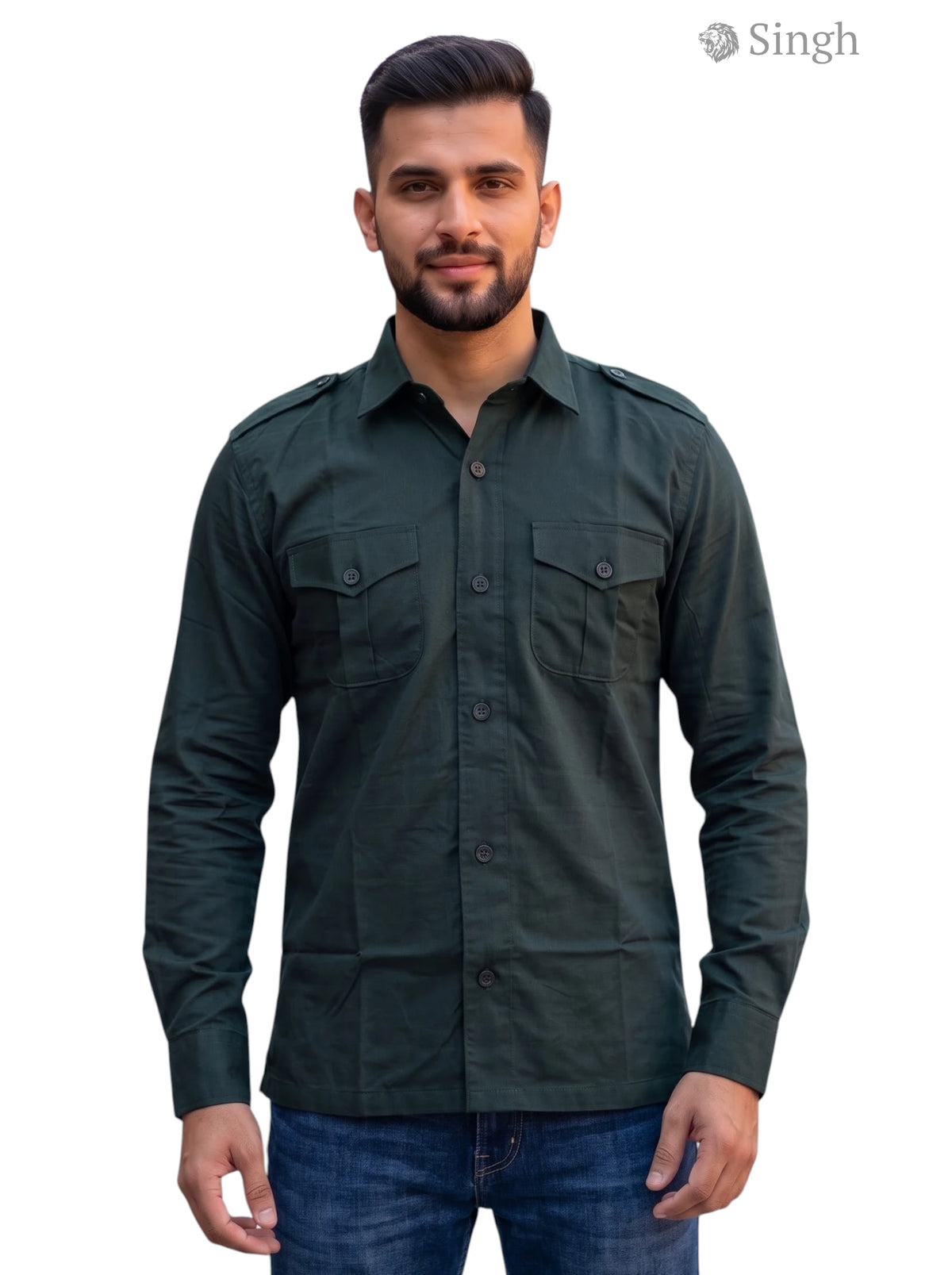 M Hunting Shirt in Dark Green Cotton at a Front Angle - HUNTING SHIRTS-1310-129