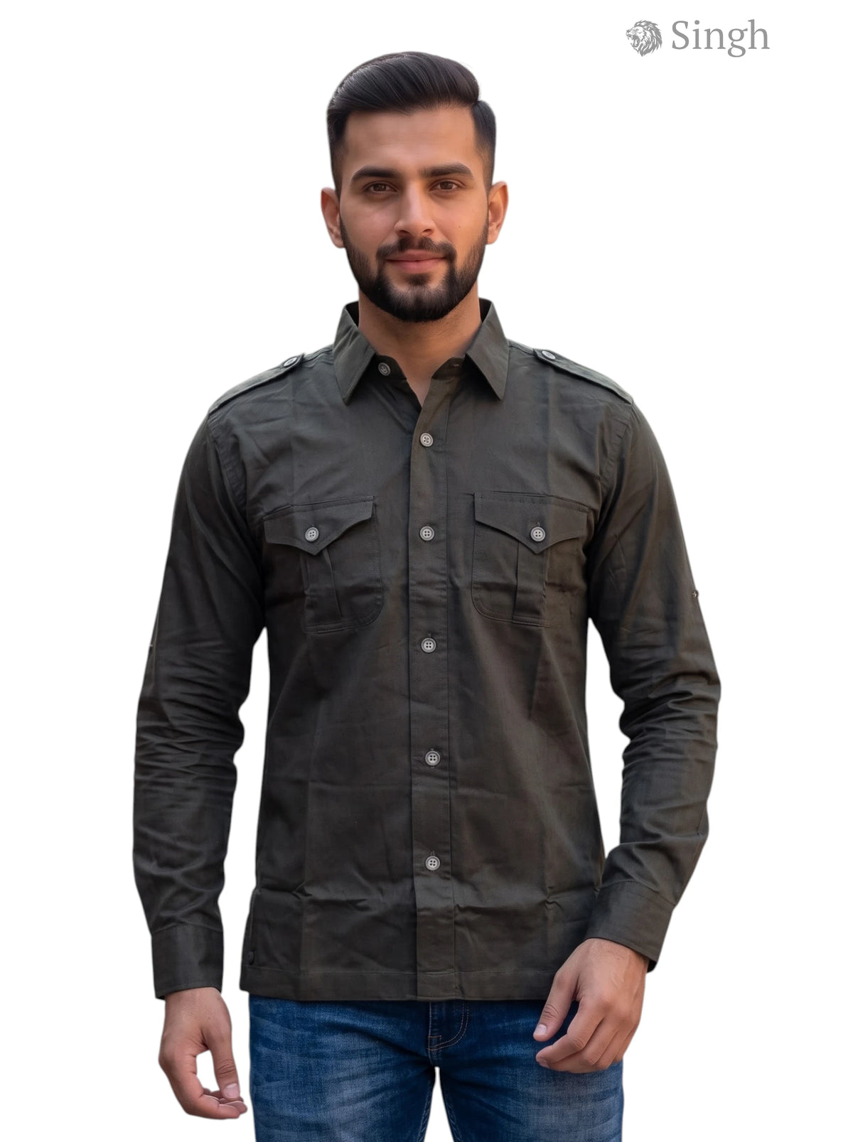 M Green Cotton Hunting Shirts-1310-130 Front View with Button-Up Design