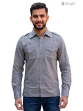M Hunting Shirts in gray fabric featuring a button-up design and chest pockets