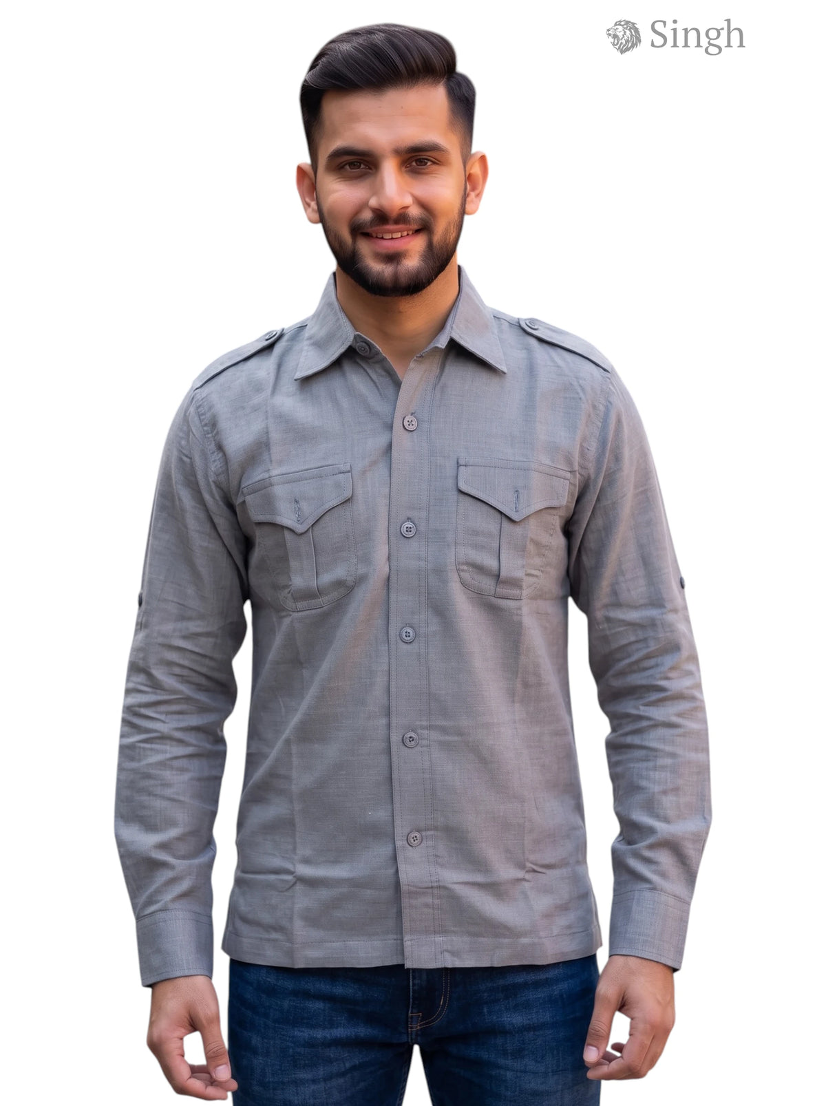 M Hunting Shirts in gray fabric featuring a button-up design and chest pockets