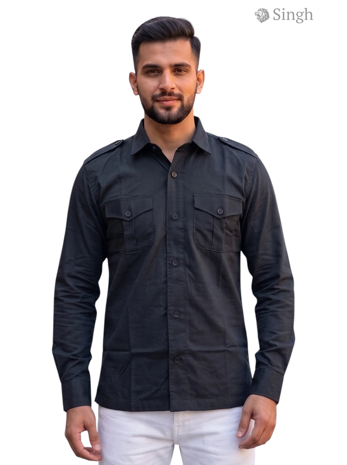 M Hunting Shirts in black cotton front view featuring chest pockets and button-up design - HUNTING SHIRTS-1310-138