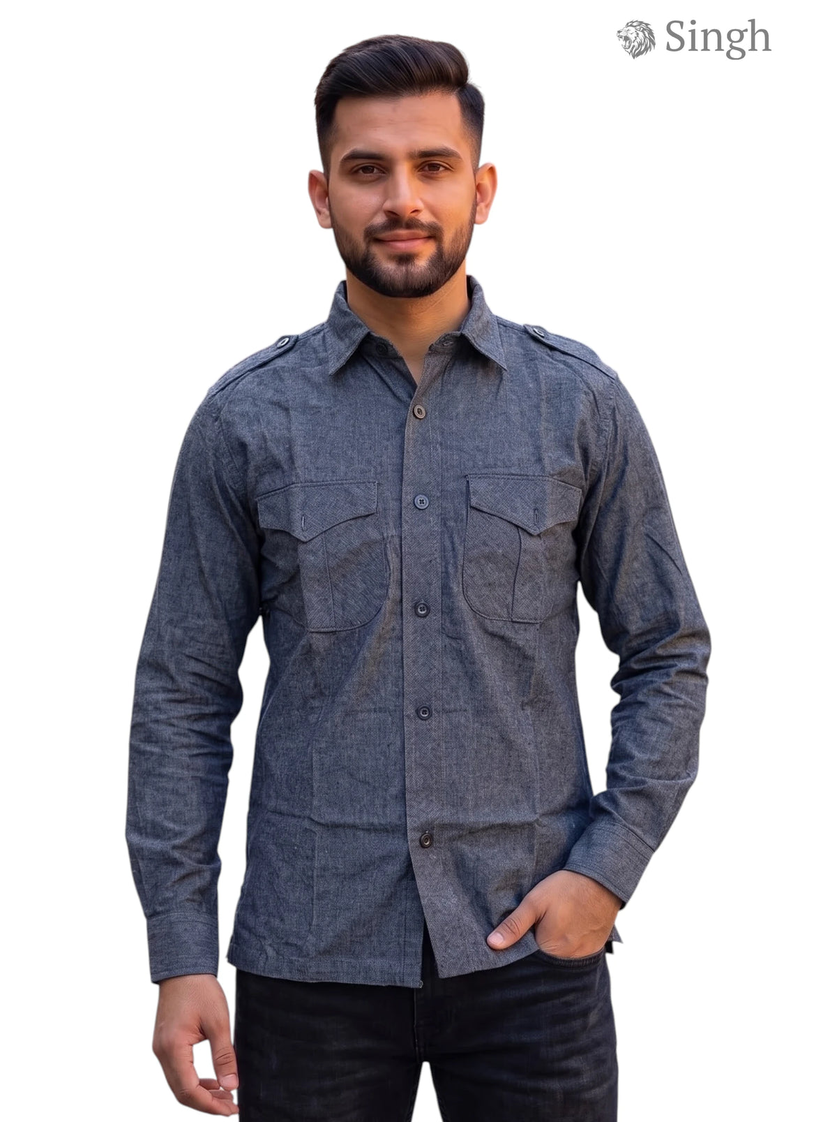 Men's grey cotton hunting shirt with button-down collar and shoulder epaulettes - HUNTING SHIRTS-1310-140