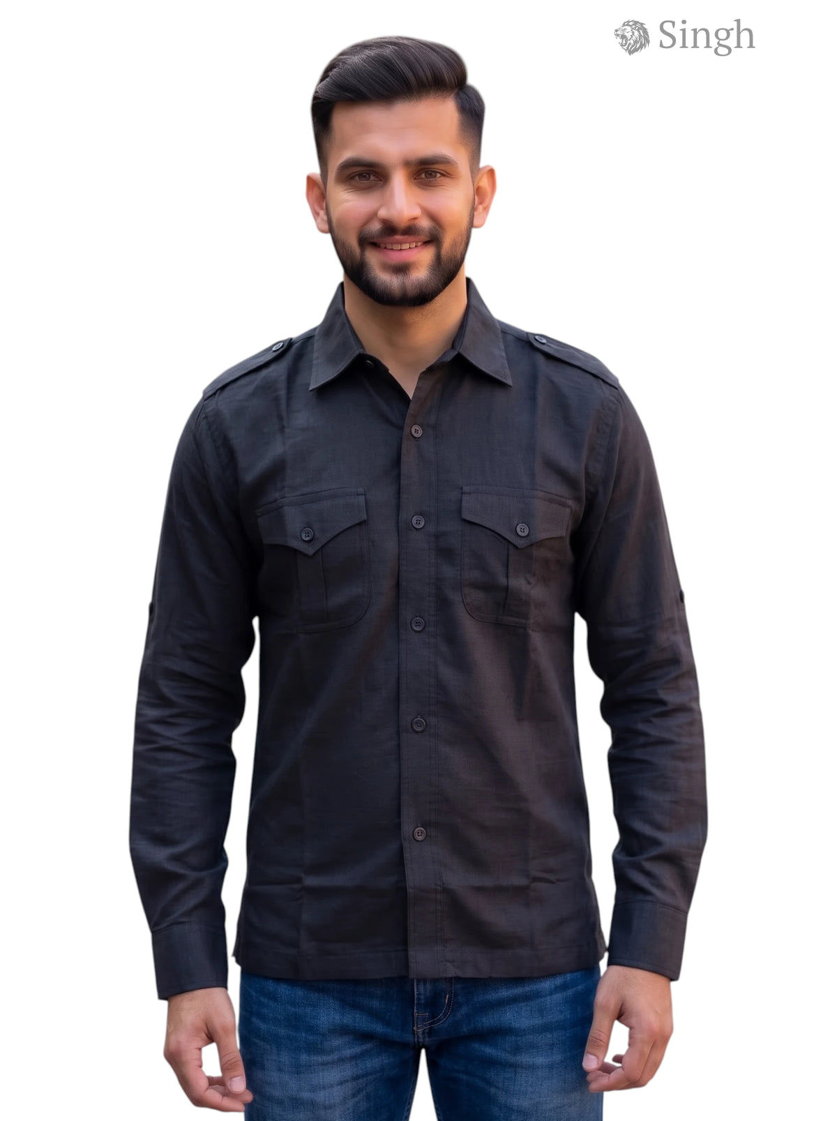 M Hunting Shirts in dark gray fabric with a front view showcasing button details and pockets