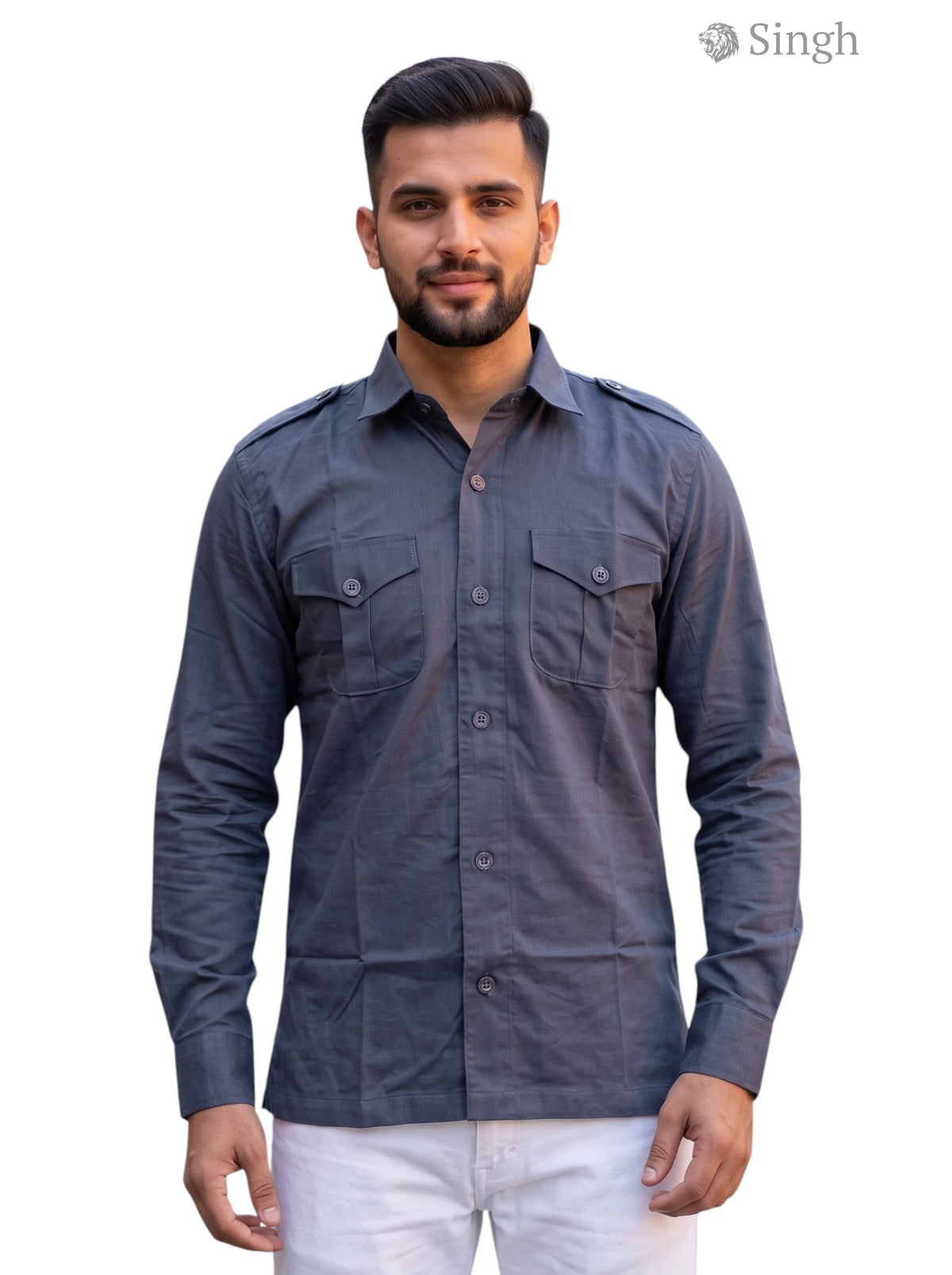 M Hunting Shirts in Gray Fabric, Front View Featuring Buttoned Pockets - HUNTING SHIRTS-1310-143