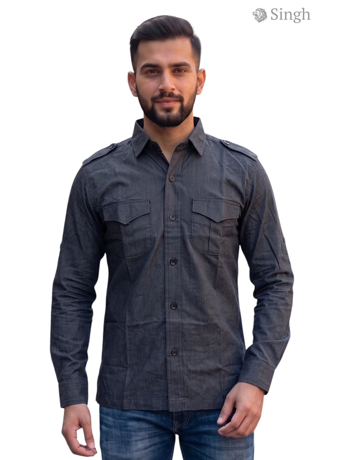 M Hunting Shirts in dark gray cotton fabric with button-up front and epaulettes by SINGH - HUNTING SHIRTS-1310-148