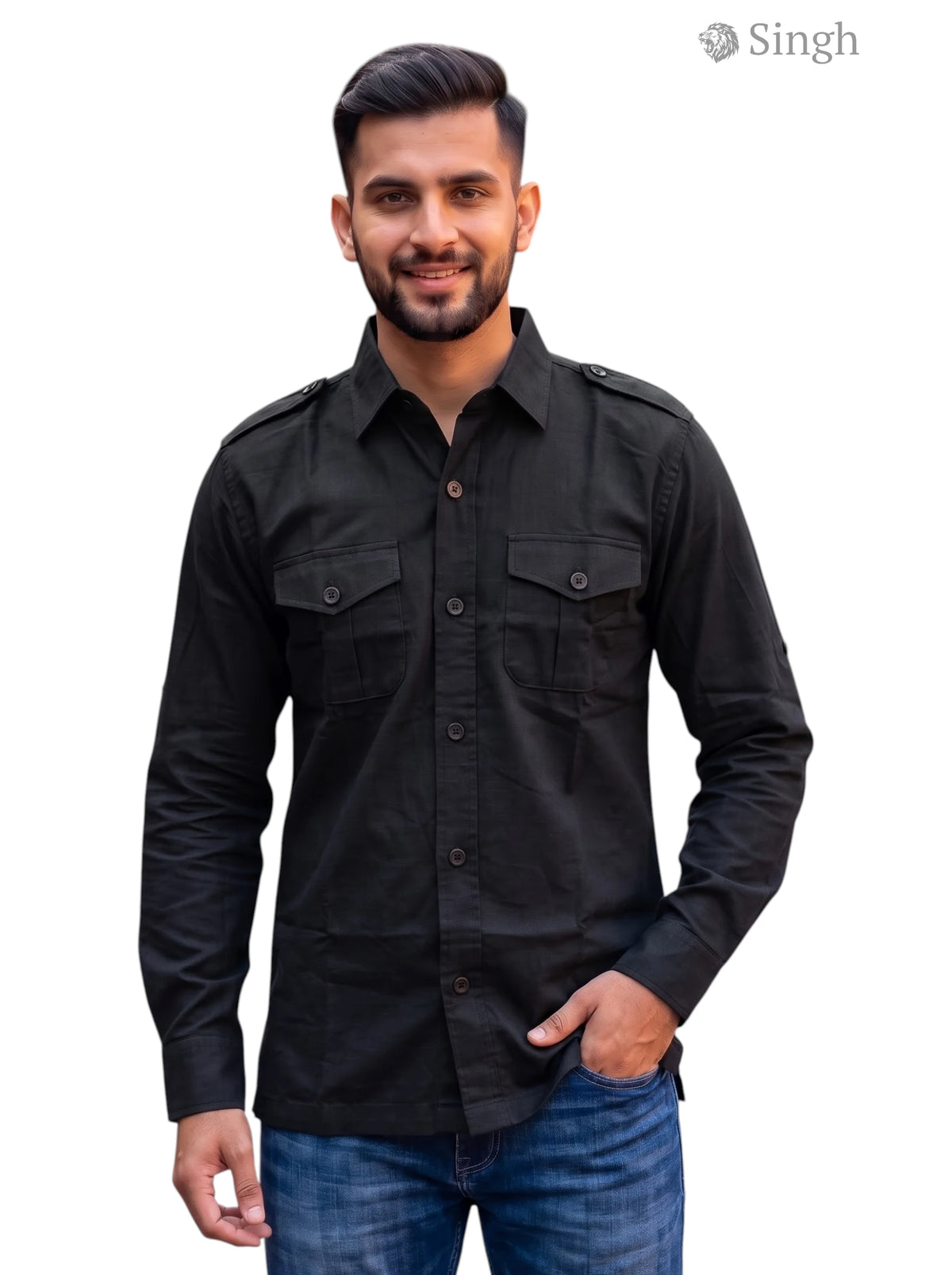 M Black Cotton Hunting Shirt from SINGH, featuring a front button-up design and dual chest pockets - HUNTING SHIRTS-1310-149