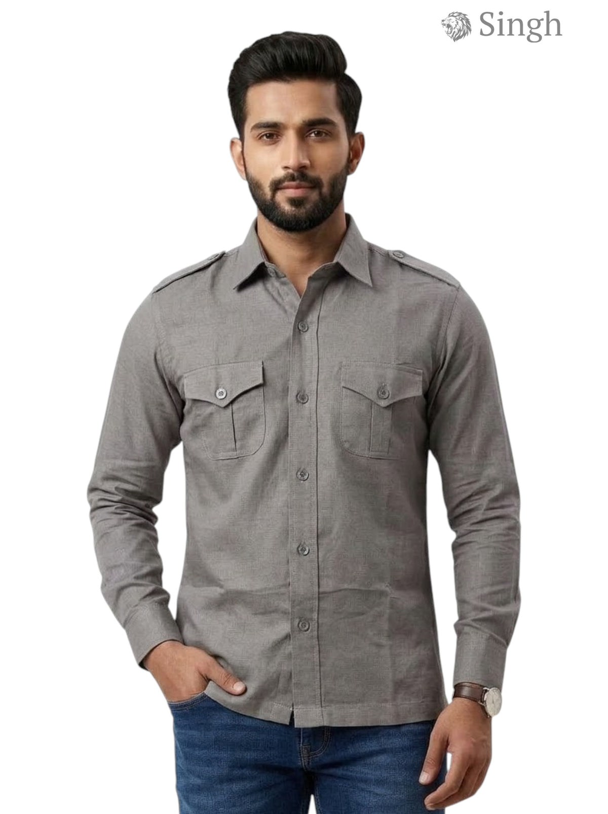 M Gray Cotton Hunting Shirt-1310-15 with Chest Pockets and Button Front