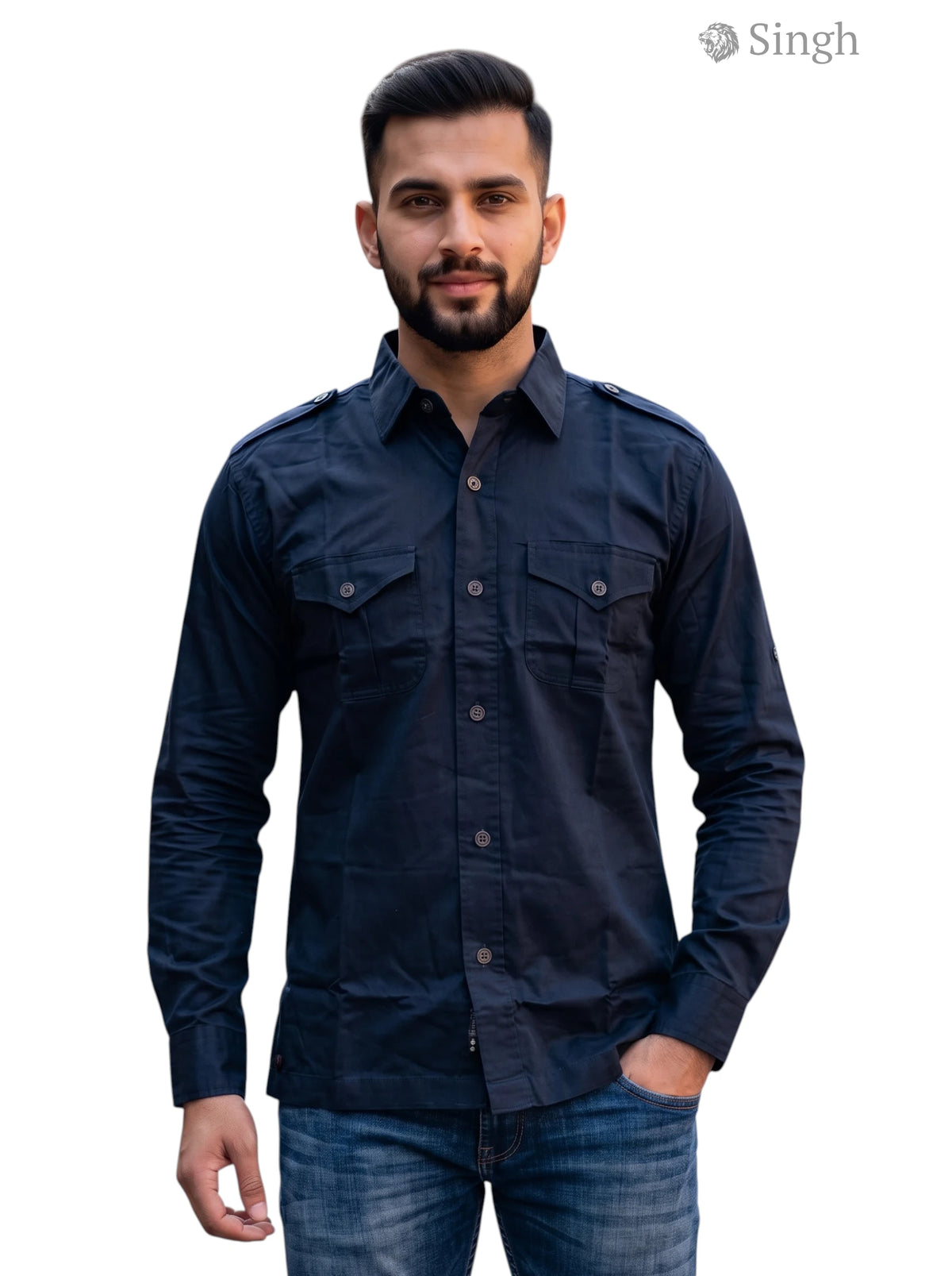M Hunting Shirts in Navy Blue Cotton at a Slight Angle - HUNTING SHIRTS-1310-150