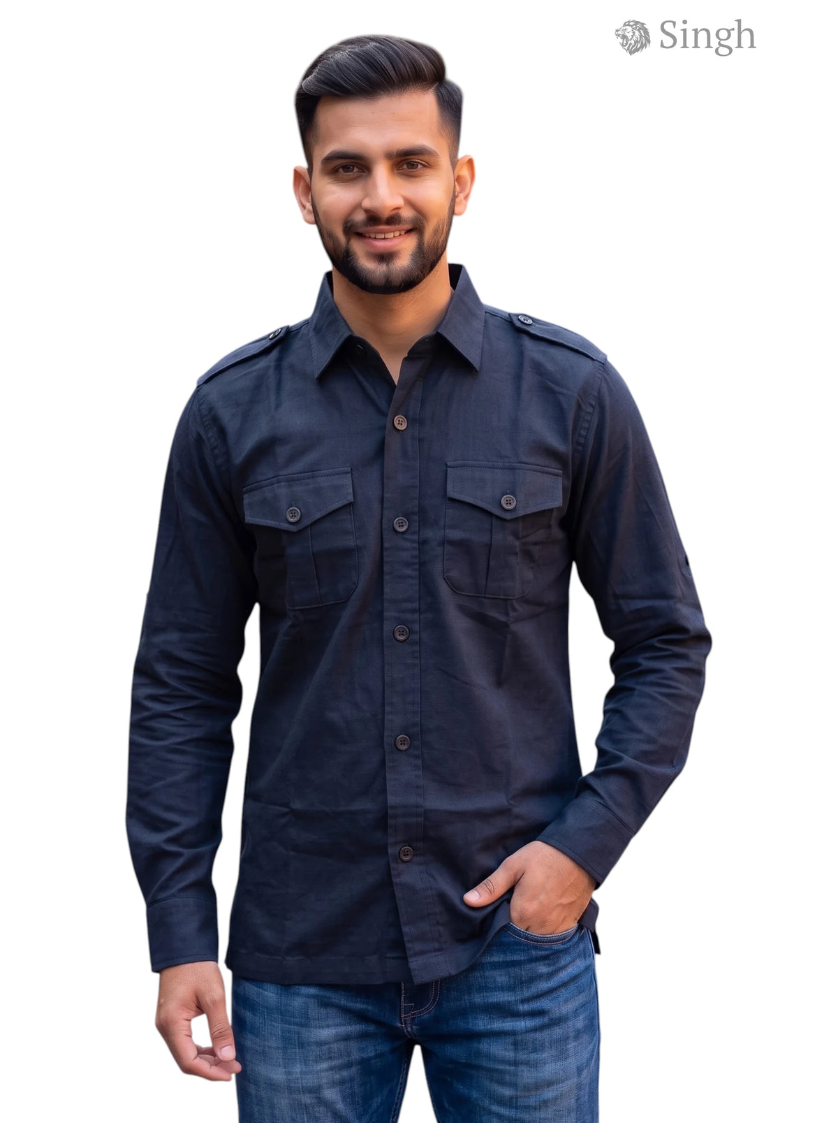 M Hunting Shirts in navy blue cotton fabric, front view by vendor SINGH, HUNTING SHIRTS-1310-151