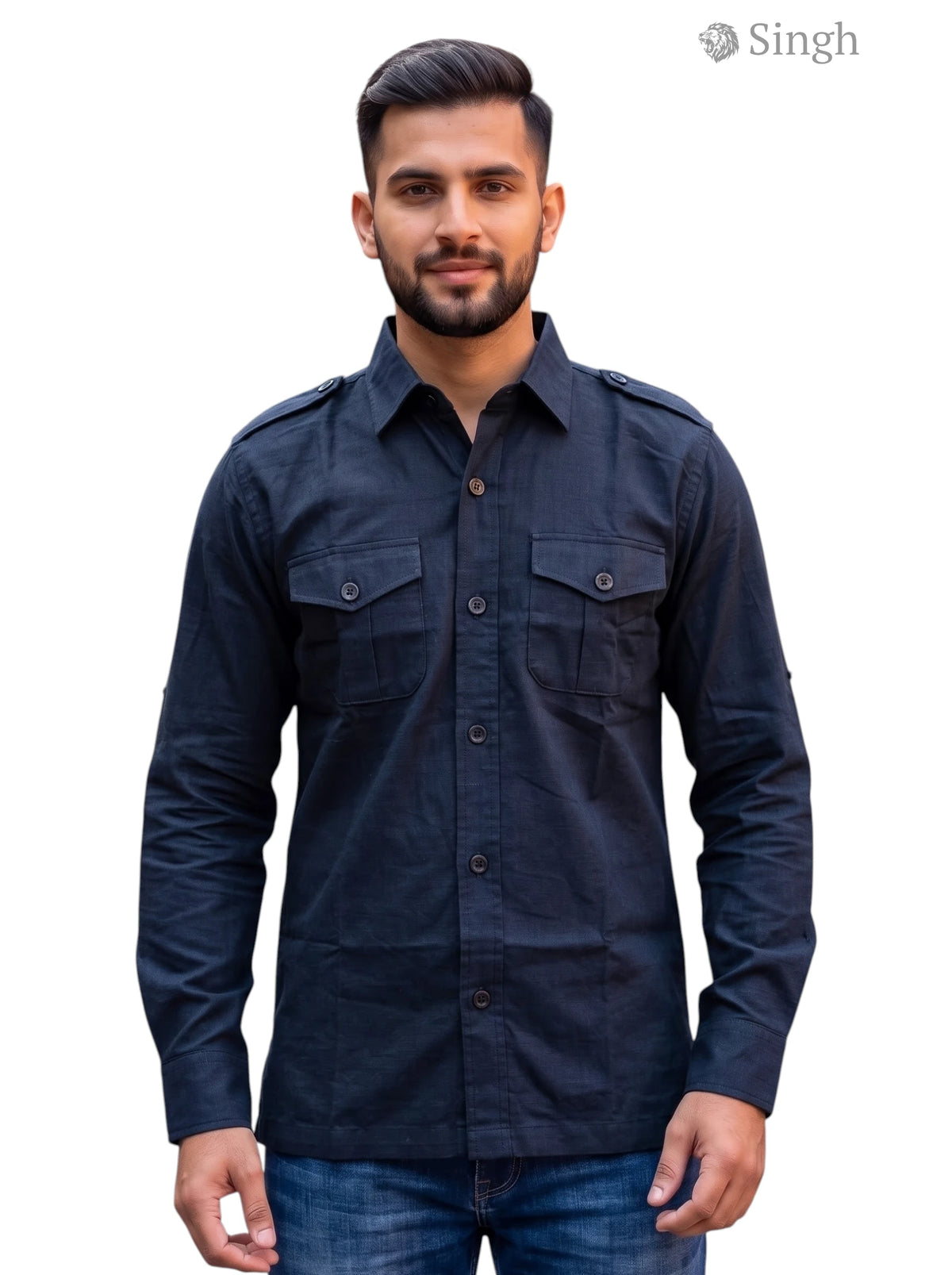 M Hunting Shirts in dark blue fabric, front view with button detail, HUNTING SHIRTS-1310-153