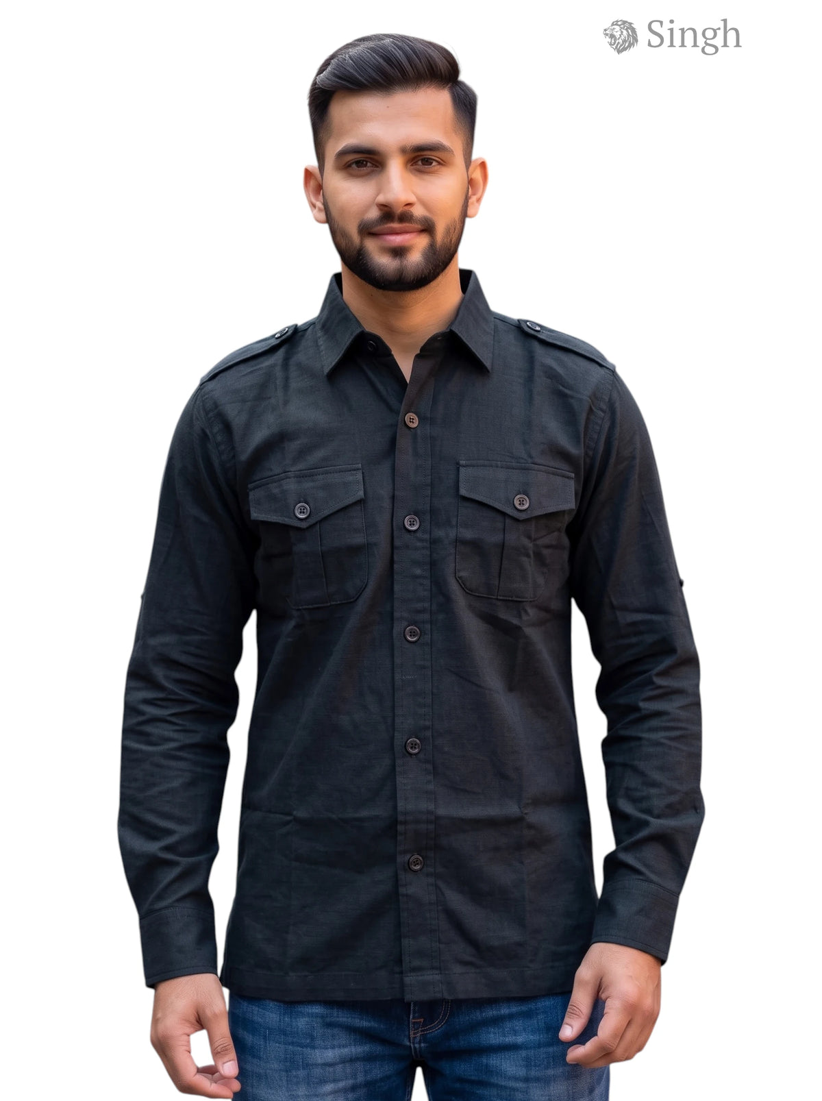 M Hunting Shirts in Black Fabric, Front Angle View with Dual Chest Pockets