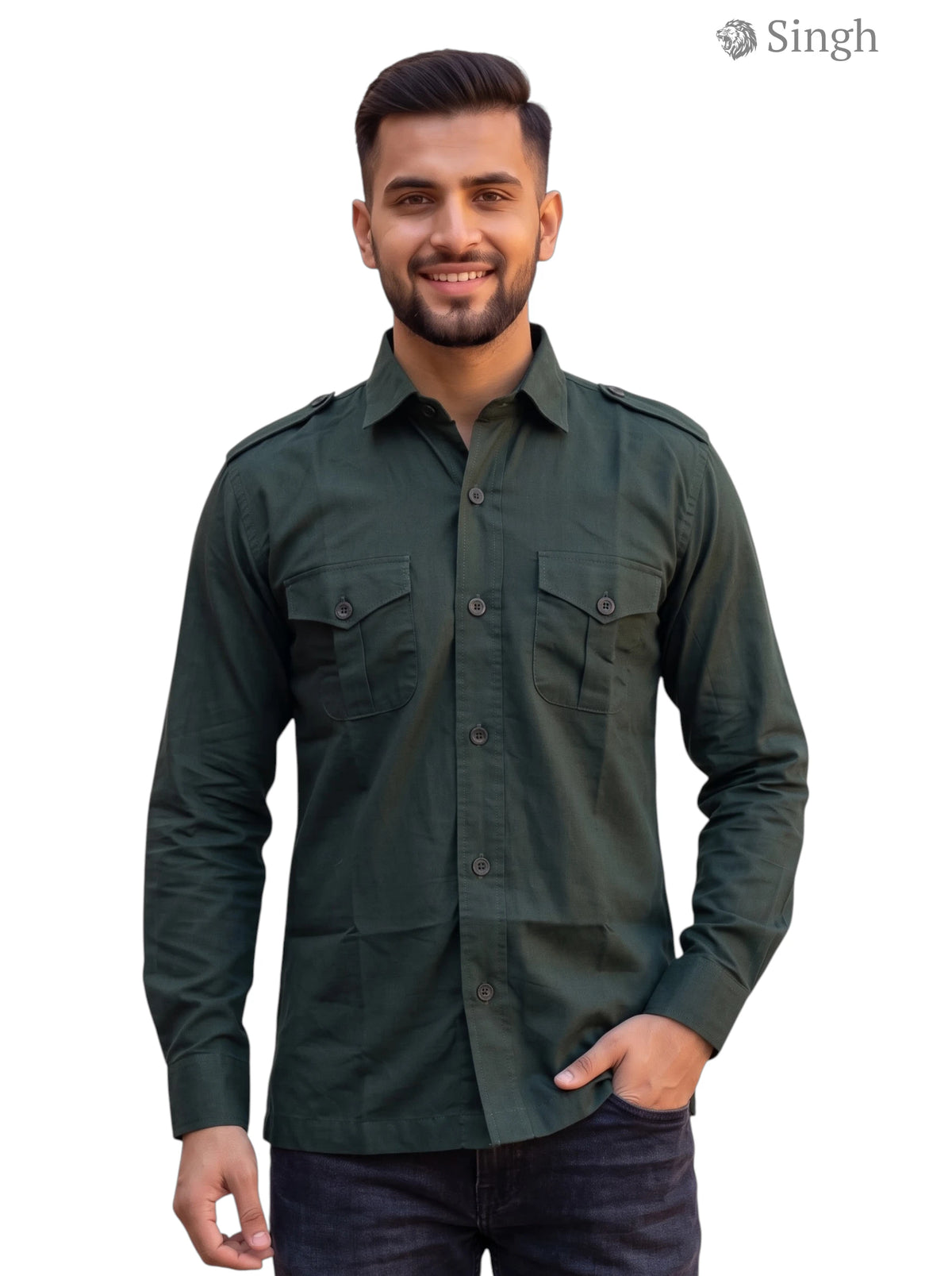 M Hunting Shirt in Dark Green Cotton, Front View; HUNTING SHIRTS-1310-175