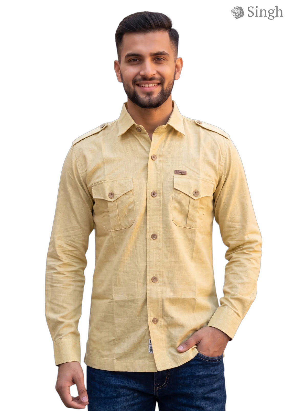 M Hunting Shirt in tan color made from lightweight fabric, featuring a front button closure and pockets - HUNTING SHIRTS-1310-176