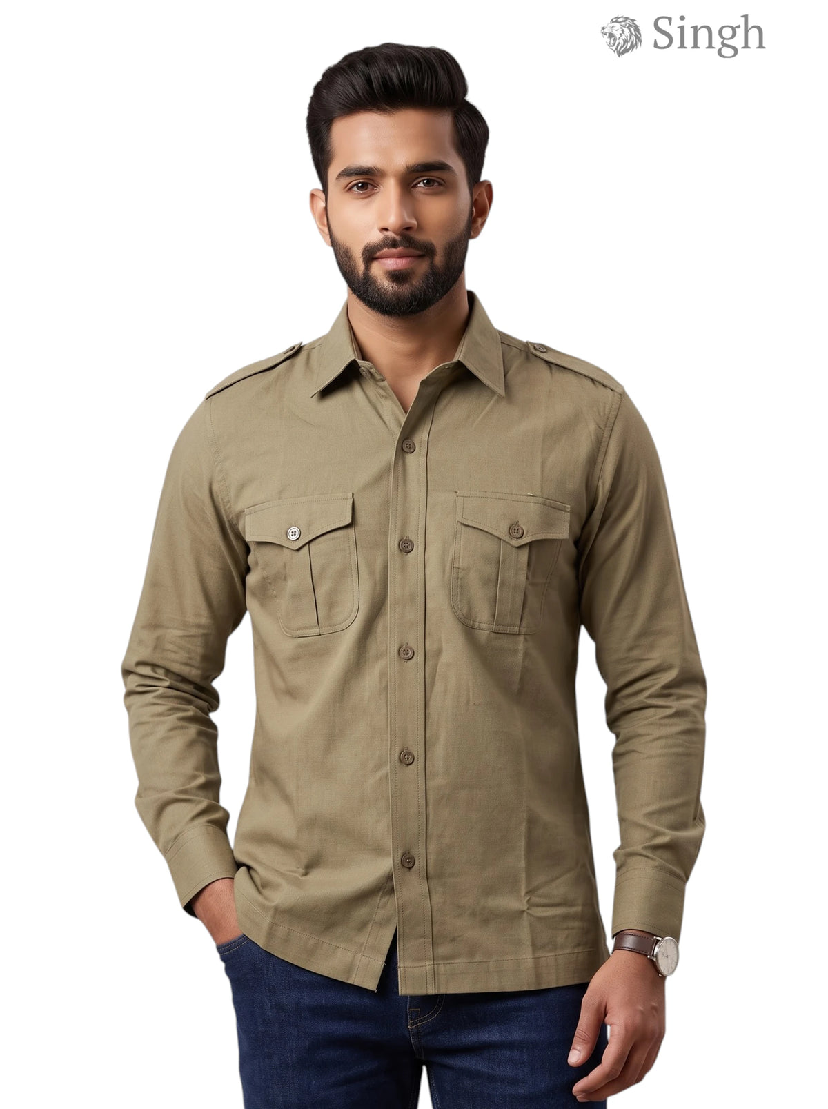 M Hunting Shirt in Olive Green Fabric, Front View featuring HUNTING SHIRTS-1310-18