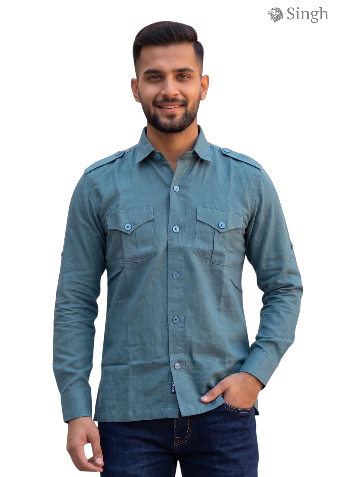 Modern Marwar Hunting Shirts-1310-182 in teal cotton, front view with classic pocket design