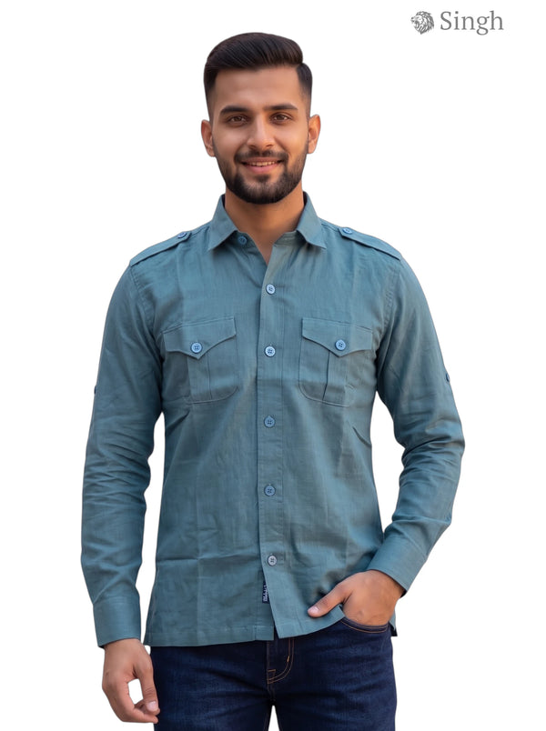 Modern Marwar Hunting Shirts-1310-182 in teal cotton, front view with classic pocket design