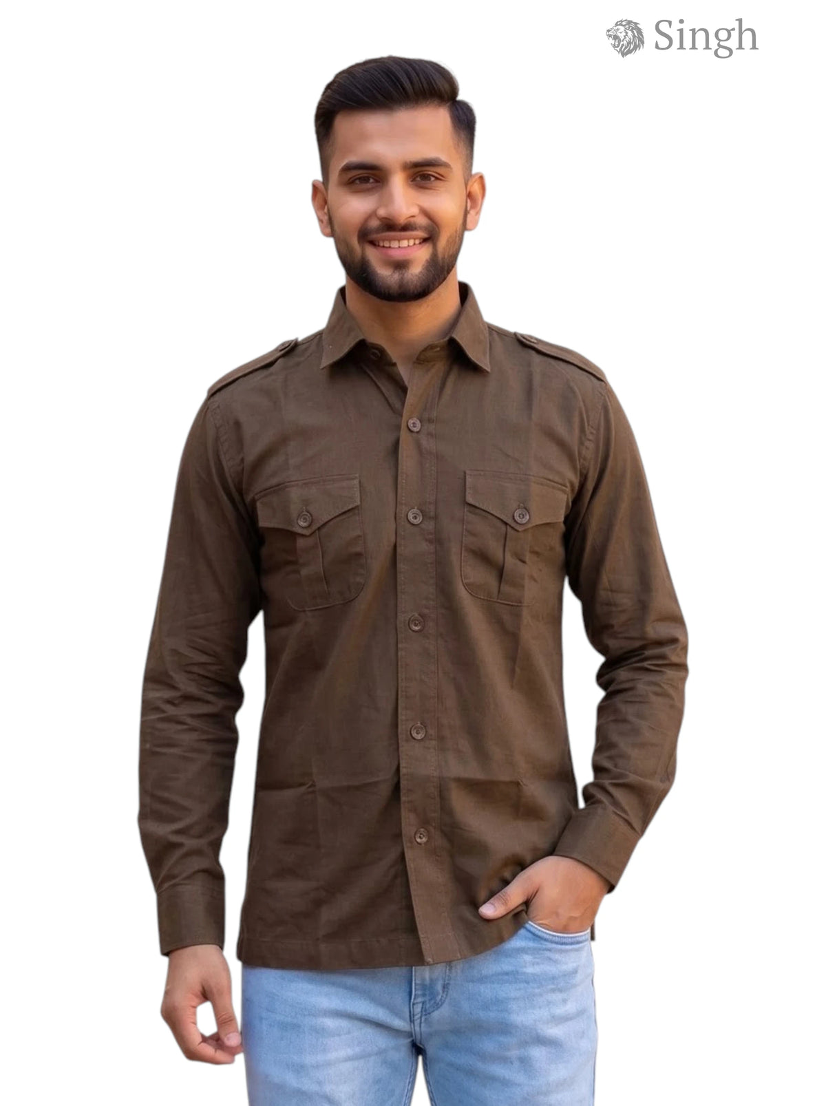M Hunting Shirts in olive green cotton from Singh, featuring button-up design and military styling