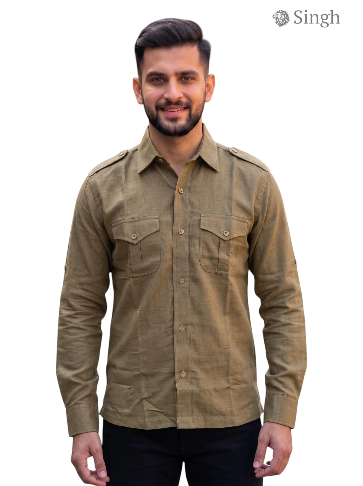 M Hunting Shirt in Olive Green Cotton with Front Pockets and Button-Up Closure - HUNTING SHIRTS-1310-20