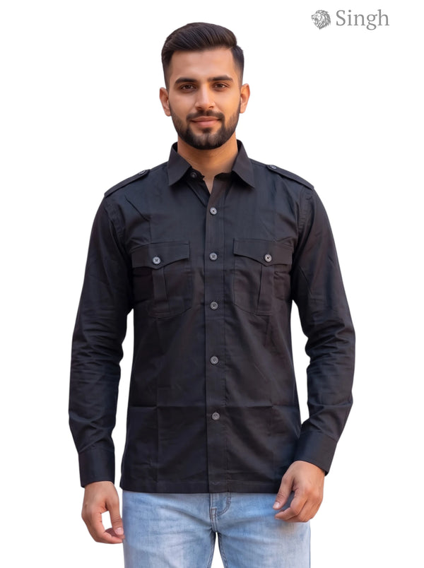 M Hunting Shirt in Black, Cotton Fabric, Front View - HUNTING SHIRTS-1310-204
