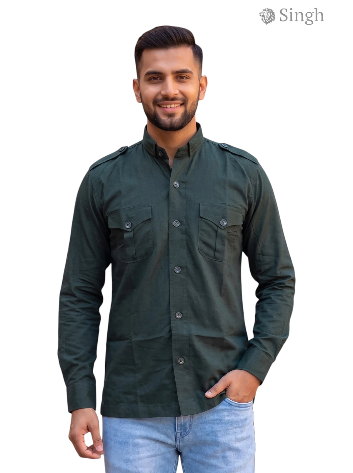 M Hunting Shirts in green cotton, front view featuring button-up design and chest pockets, HUNTING SHIRTS-1310-204