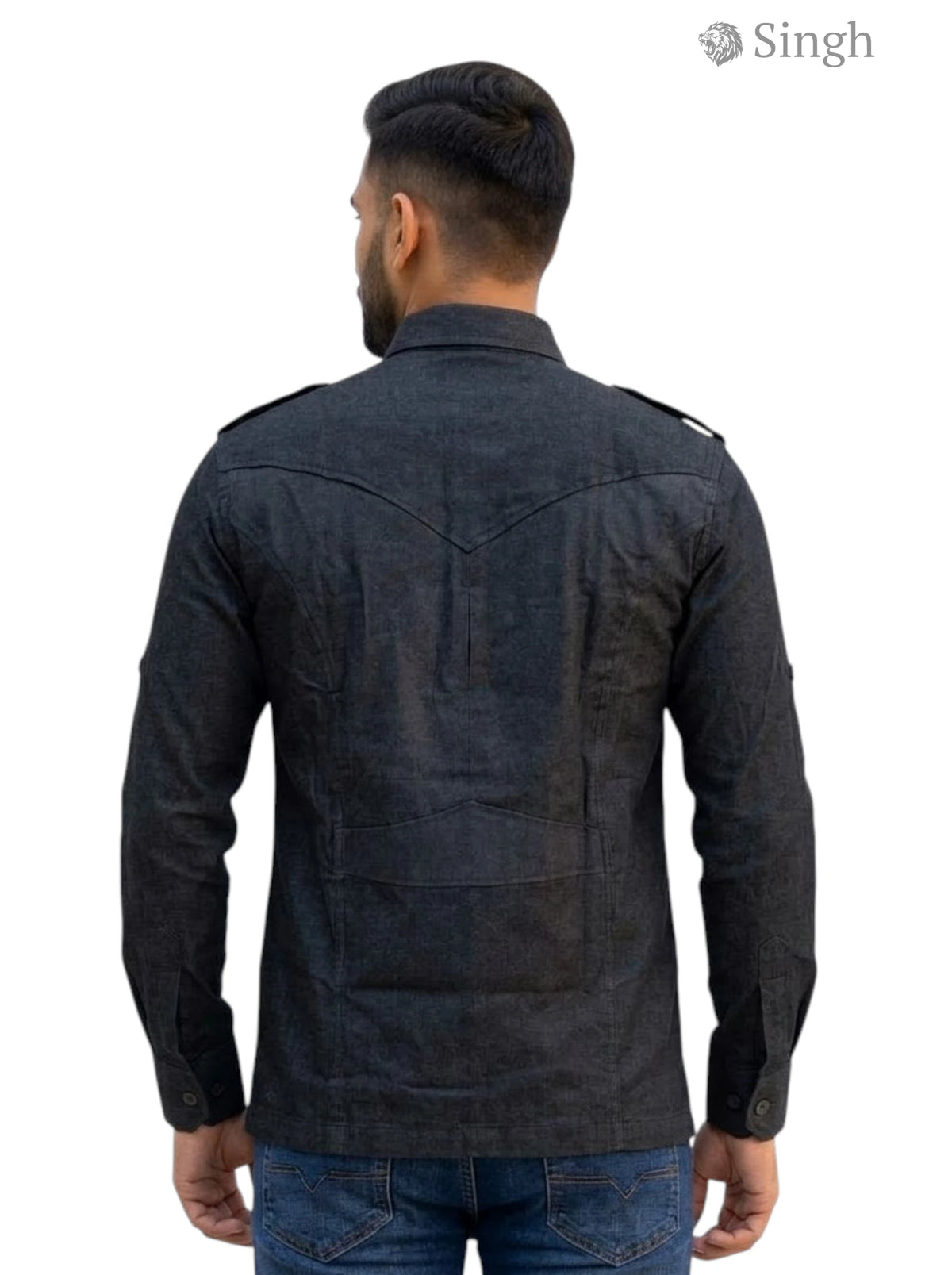 M Hunting Jacket in black fabric, back view with HUNTING SHIRTS-1310-206 feature