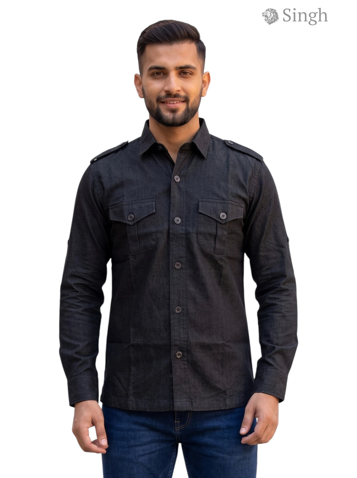 M Hunting Jacket in black fabric with a front view featuring two chest pockets - HUNTING SHIRTS-1310-206