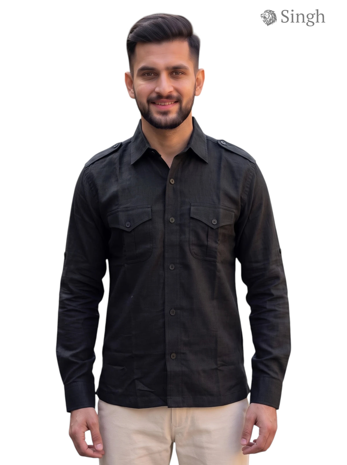 M Black Cotton Hunting Shirts-1310-21 with buttoned pockets and shoulder epaulets