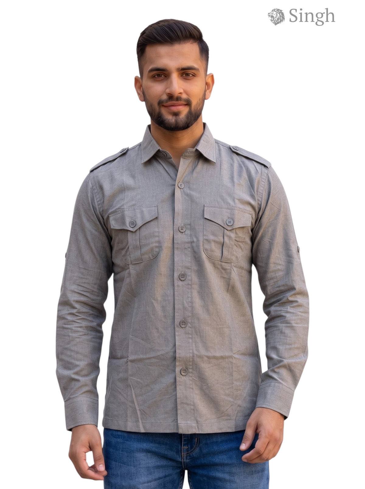 M Hunting Shirts in Gray Cotton Fabric, Front View Showing Military Style and Pockets HUNTING SHIRTS-1310-211