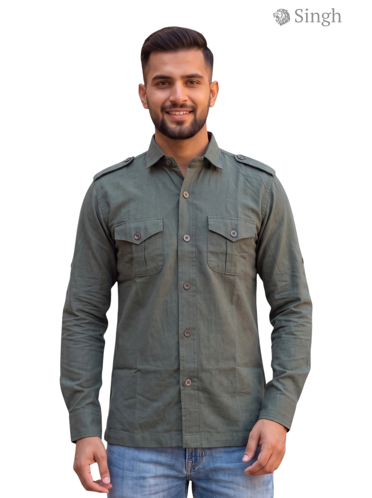 M Hunting Shirts in Olive Green Cotton Twill, Front View, HUNTING SHIRTS-1310-213