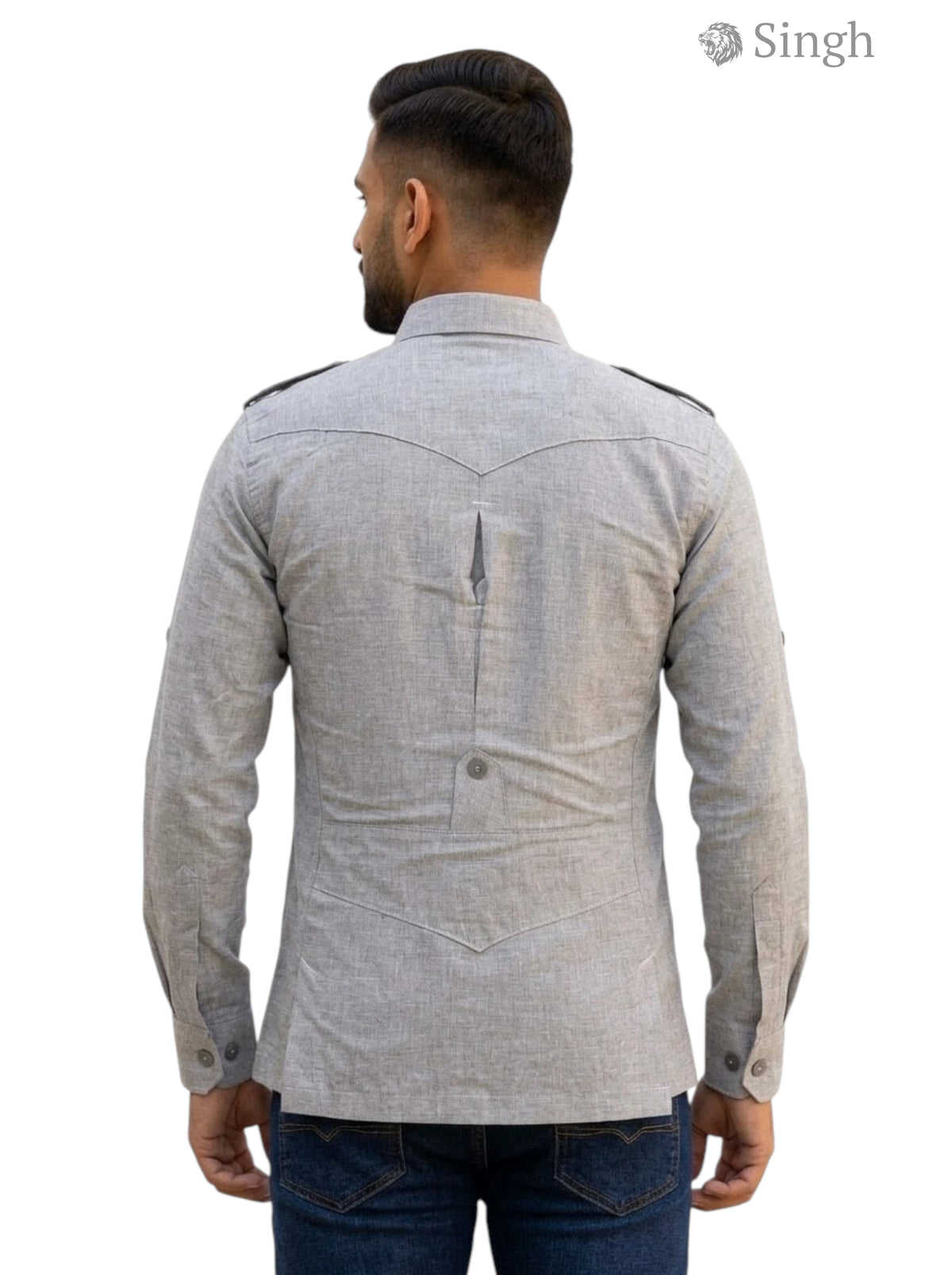 M Hunting Shirts in Gray Cotton Fabric with Back Vent, featuring model from the back, HUNTING SHIRTS-1310-217