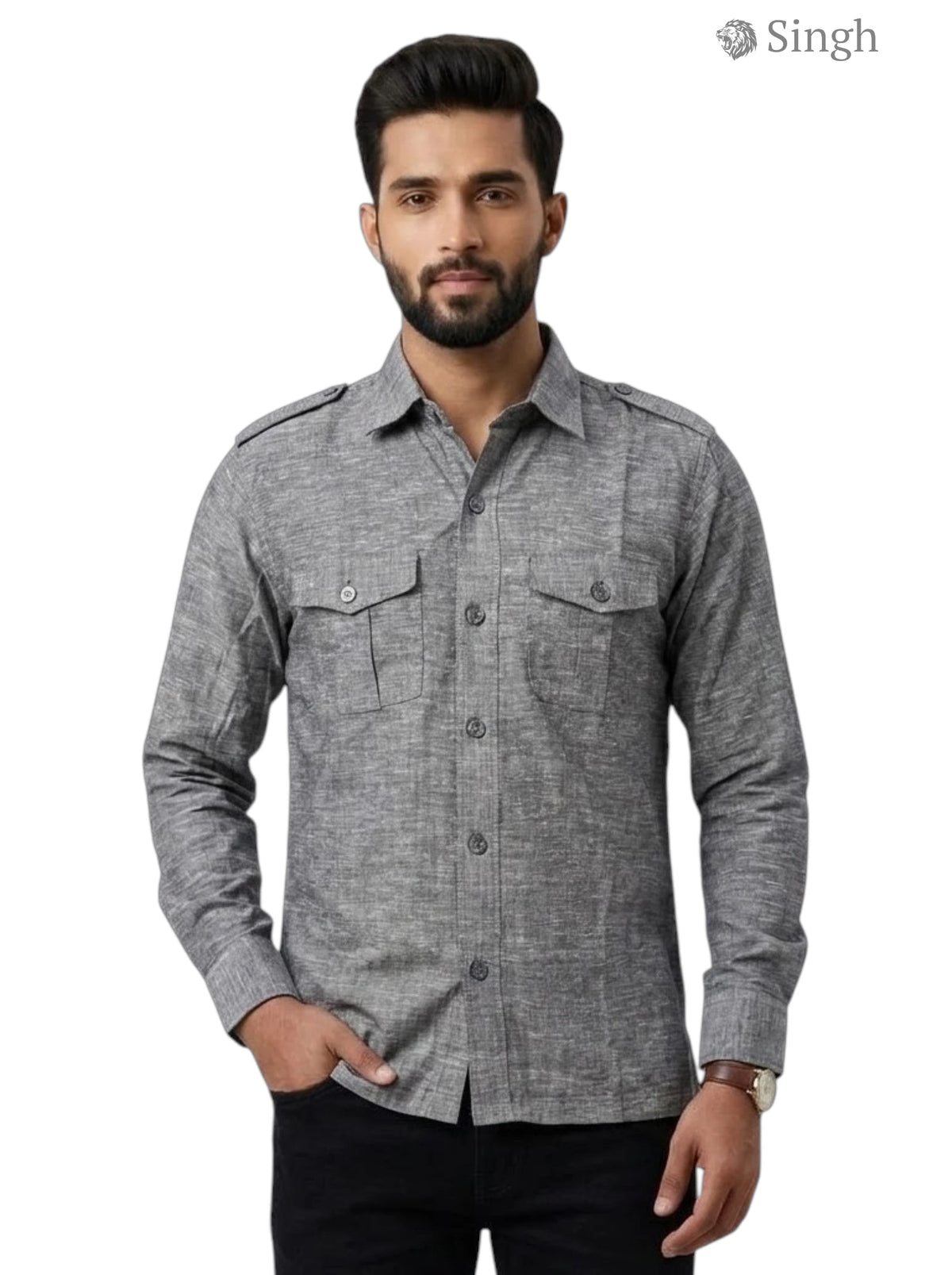 M Hunting Shirts in grey fabric, featuring a button-down design and chest pockets