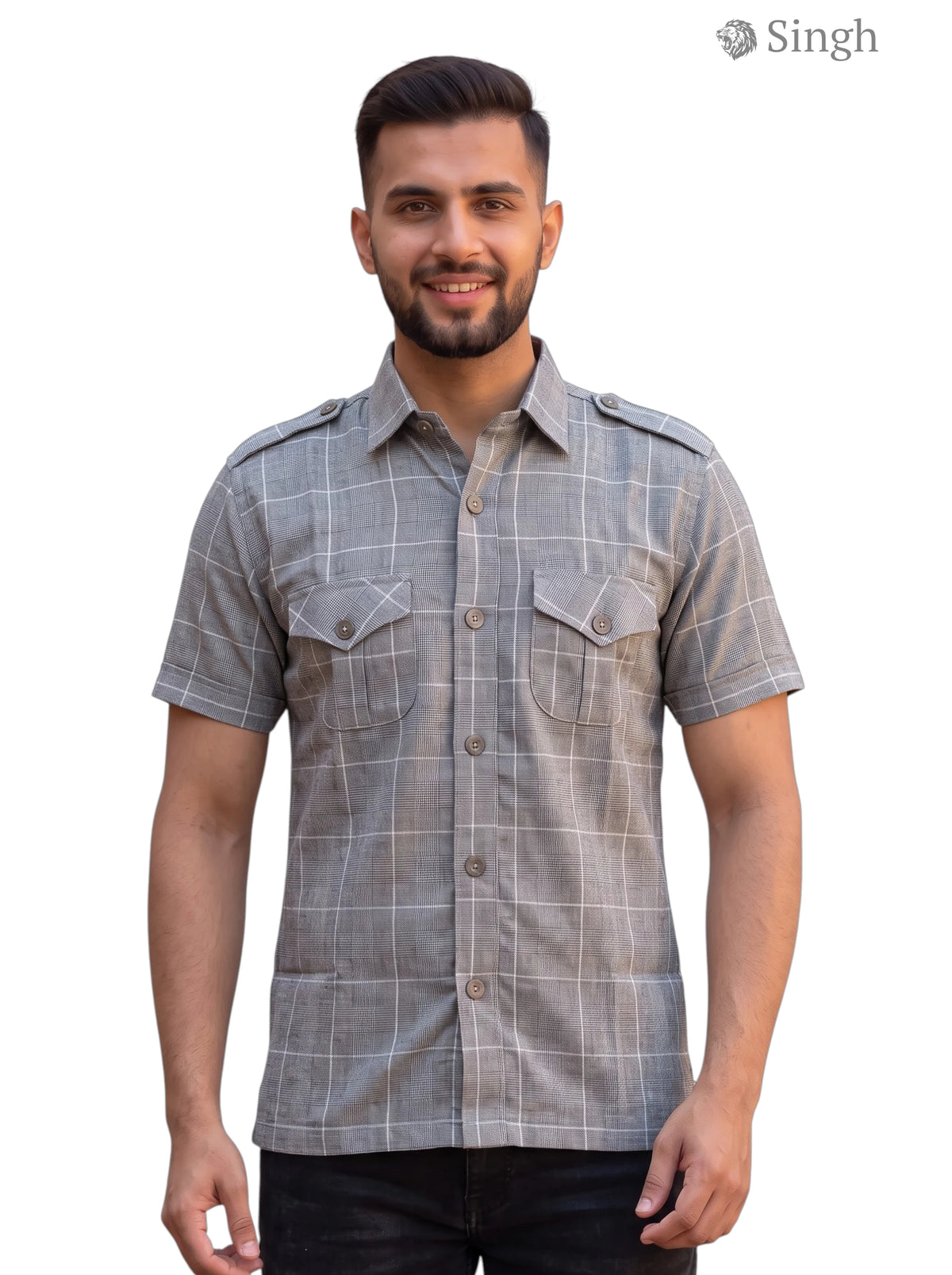 M Hunting Shirts in Gray Plaid Fabric with Short Sleeves and Button Details HUNTING SHIRTS-1310-234