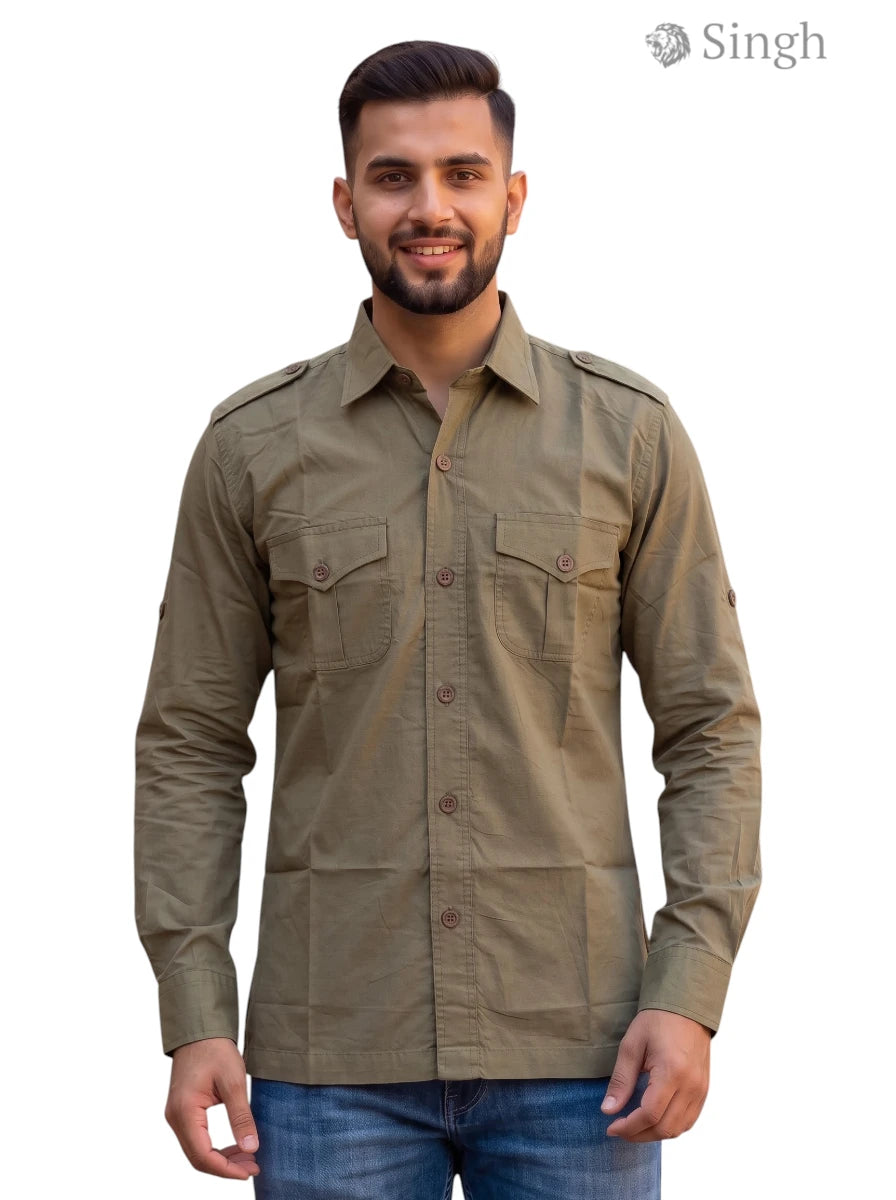 M Hunting Shirt in Olive Green Cotton with Front Pockets showcasing HUNTING SHIRTS-1310-236