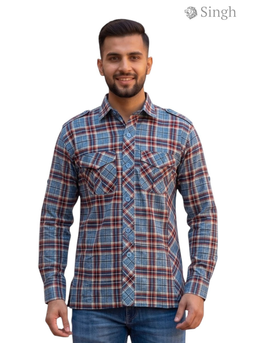 M Hunting Shirt in Blue Plaid Cotton, Front View, HUNTING SHIRTS-1310-237