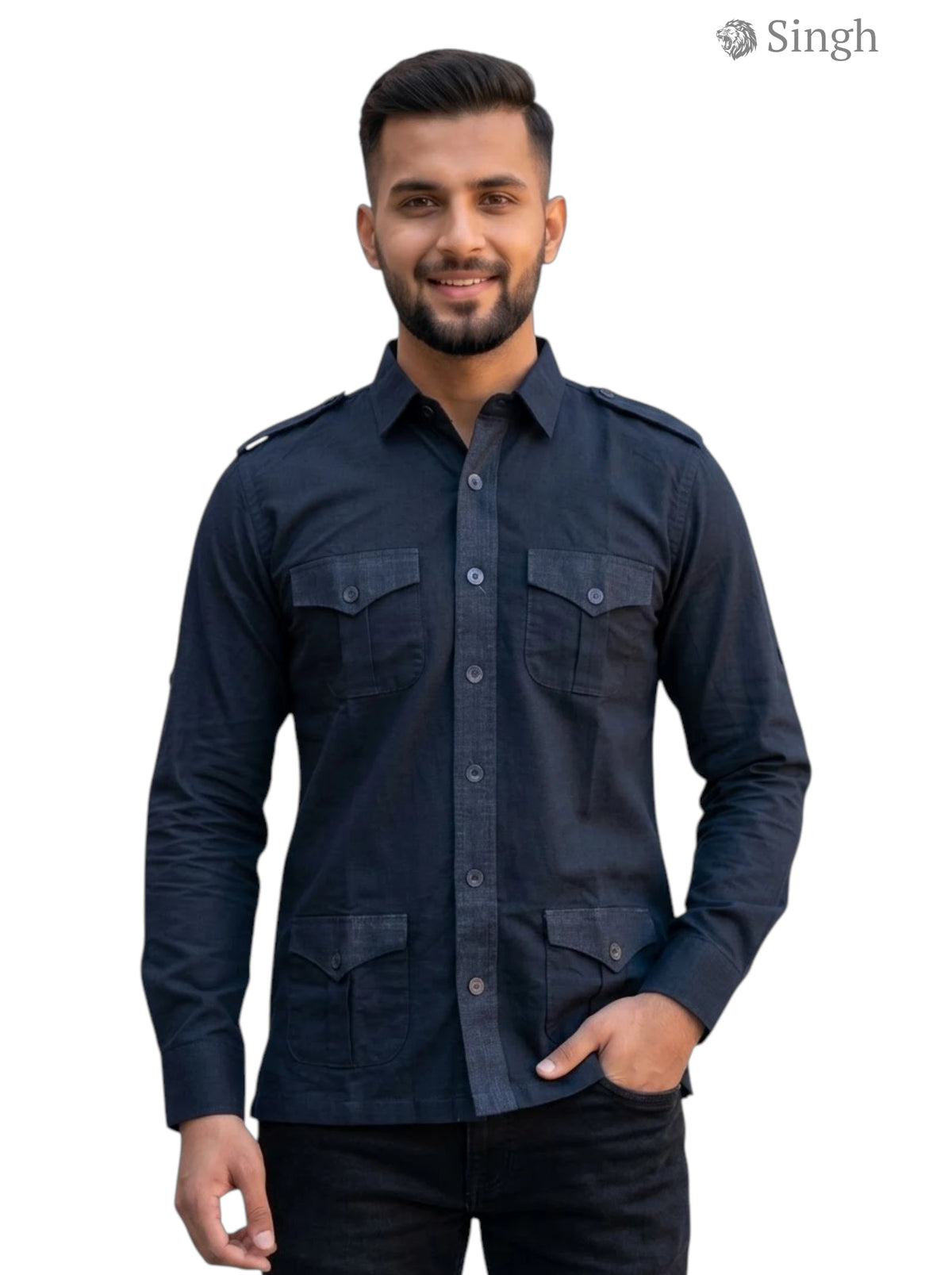 M Hunting Shirts in navy blue fabric, front view with double chest pockets, HUNTING SHIRTS-1310-242