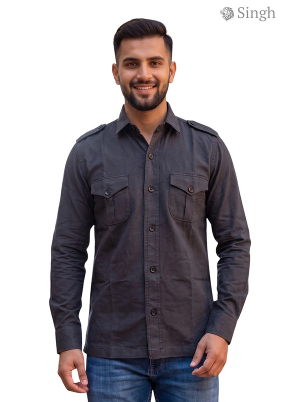 M Hunting Shirts in dark gray cotton, front view with shoulder epaulettes, HUNTING SHIRTS-1310-247