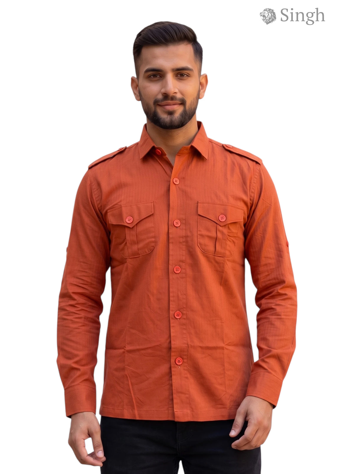 M Hunting Shirts in orange fabric, front view, featuring dual chest pockets - HUNTING SHIRTS-1310-248